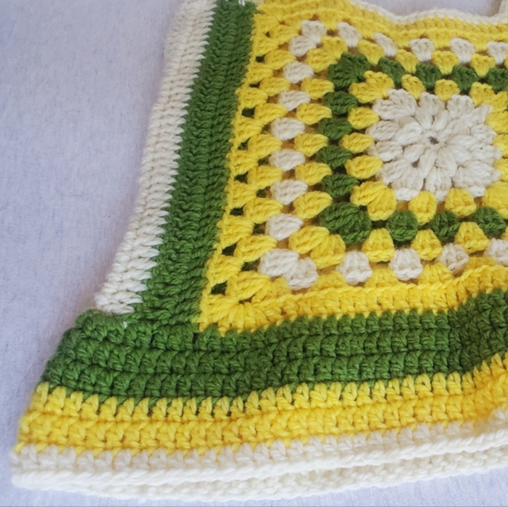 Vintage crochet knit tank top floral wool yellow VTG 70s cottagecore boho small - Picture 4 of 11